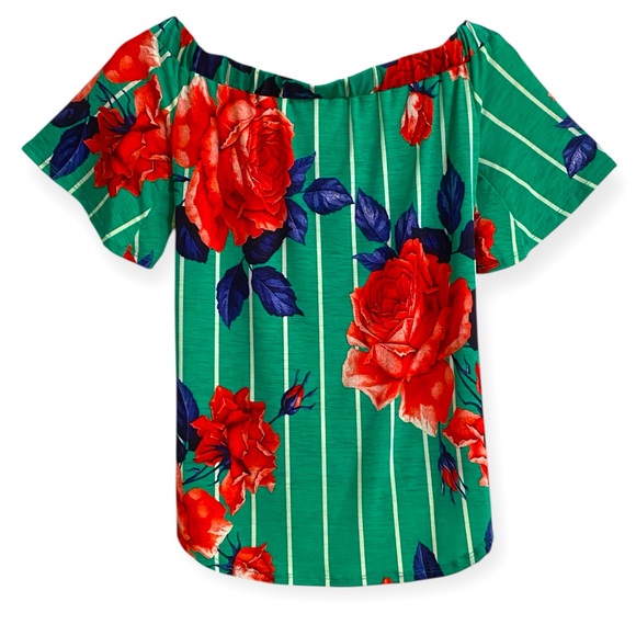 Green floral wrap look off the shoulder top Sz S - Picture 2 of 7